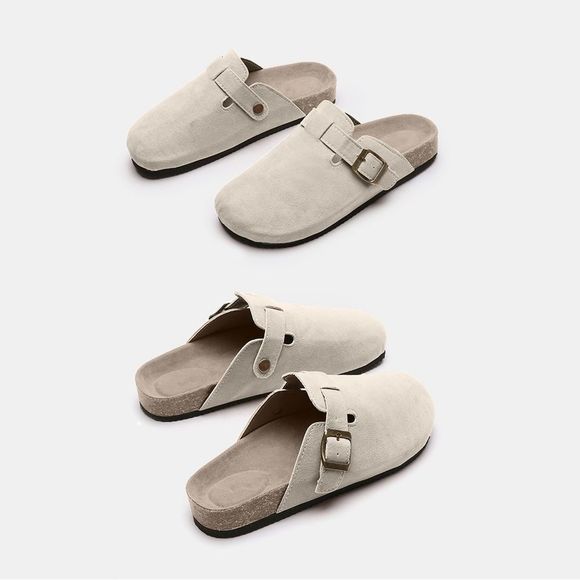 Beige Colored Suede Closed Toe Buckle Slide - Picture 5 of 5